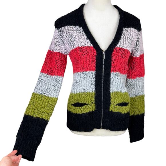 A.L.C. Alpaca Wool Blend Multi Color Stripe Boucle Knit Zipper Cardigan Sweater - Picture 9 of 16